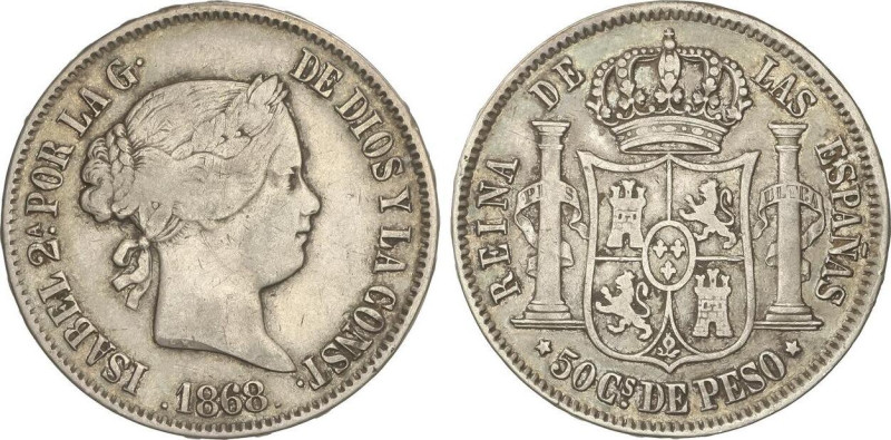 SPANISH MONARCHY: ELISABETH II
50 Centavos de Peso. 1868. MANILA. 12,8 grs. AR....