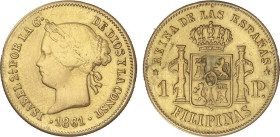 SPANISH MONARCHY: ELISABETH II
1 Peso. 1861. MANILA. 1,68 grs. (Leves rayitas, algo limpiada). AC-820. MBC-/MBC.