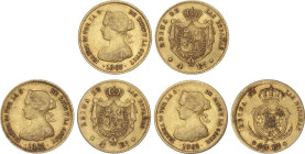 SPANISH MONARCHY: ELISABETH II
Lote 3 monedas 40 Reales y 4 Escudos (2). 1862 y 1865 (2). MADRID. Peso total de 10,03 grs. AC-681, 688 (2). MBC- a MB...