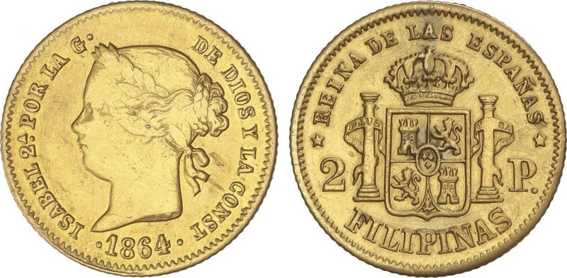 SPANISH MONARCHY: ELISABETH II
2 Pesos. 1864. MANILA. 3,35 grs. (Pequeños golpe...