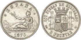 PESETA SYSTEM: PROVISIONAL GOVERNMENT AND I REPUBLIC
2 Pesetas. 1870 (*18-73). D.E.-M. (Pequeños golpecitos). MBC+.