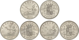 PESETA SYSTEM: PROVISIONAL GOVERNMENT AND I REPUBLIC
Lote 3 monedas 2 Pesetas. 1870 (*18-73), (*18-74) y (*18-75). D.E.-M. A EXAMINAR. MBC+ a EBC-.