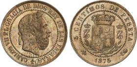 PESETA SYSTEM: CHARLES VII Pretender
5 Céntimos. 1875. BRUSELAS. Anverso y reverso coincidentes. Tipo medalla. Pátina y brillo. AC-2. EBC.