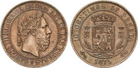 PESETA SYSTEM: CHARLES VII Pretender
10 Céntimos. 1875. BRUSELAS. Anverso y reverso coincidentes. Tipo medalla. Pátina. AC-5. EBC-.