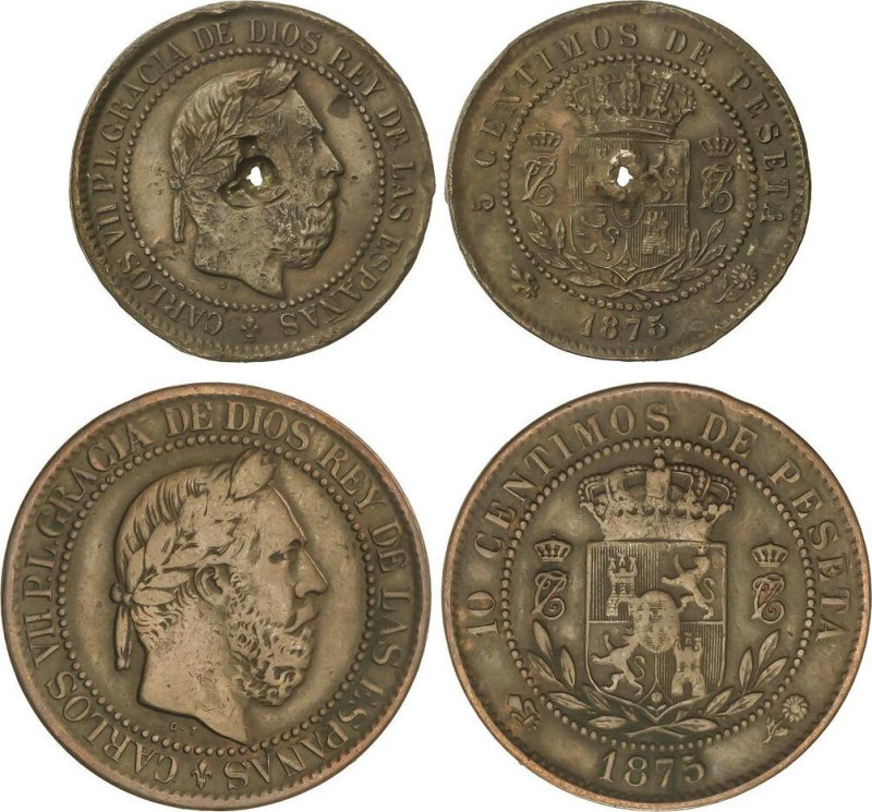 PESETA SYSTEM: CHARLES VII Pretender
Lote 2 monedas 5 y 10 Céntimos. 1875. BRUS...