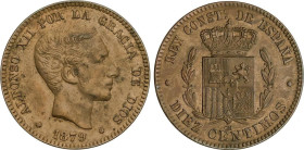 PESETA SYSTEM: ALFONSO XII
10 Céntimos. 1879. BARCELONA. O.M. Restos de color original. EBC.