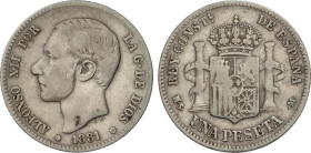 PESETA SYSTEM: ALFONSO XII
1 Peseta. 1881 (*_-81). M.S.-M. ESCASA. MBC-.