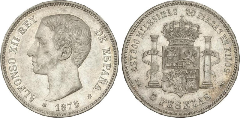 PESETA SYSTEM: ALFONSO XII
5 Pesetas. 1875 (*18-75). D.E.-M. (Pequeños golpecit...