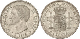 PESETA SYSTEM: ALFONSO XII
5 Pesetas. 1876 (*18-76). D.E.-M. (Pequeños golpecitos). Pátina irregular. Restos de brillo original. EBC-.