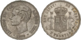 PESETA SYSTEM: ALFONSO XII
5 Pesetas. 1878 (*18-78). D.E.-M. (Leves golpecitos). Pátina. MBC+.