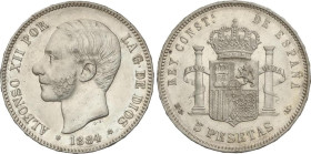 PESETA SYSTEM: ALFONSO XII
5 Pesetas. 1884 (*18-84). M.S.-M. (Rayitas). EBC-.