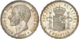 PESETA SYSTEM: ALFONSO XII
5 Pesetas. 1884 (*18-84). M.S.-M. (Pequeños golpecitos). Pátina. Restos de brillo original. MBC+/EBC-.