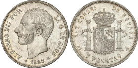 PESETA SYSTEM: ALFONSO XII
5 Pesetas. 1885 (*18-85). M.S.-M. (Pequeños golpecitos y rayitas). Restos de brillo original. EBC-.