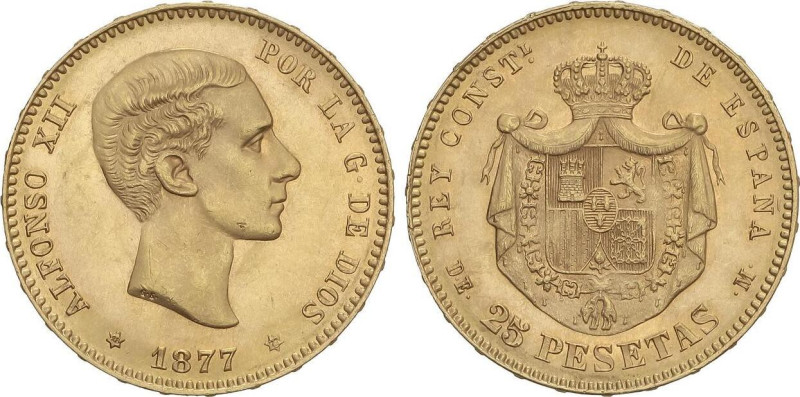 PESETA SYSTEM: ALFONSO XII
25 Pesetas. 1877 (*18-77). D.E.-M. (Leves rayitas). ...