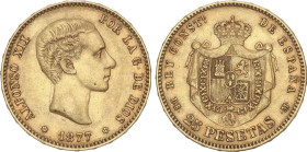 PESETA SYSTEM: ALFONSO XII
25 Pesetas. 1877 (*18-77). D.E.-M. (Pequeños golpecitos). MBC+.
