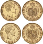 PESETA SYSTEM: ALFONSO XII
Lote 2 monedas 25 Pesetas. 1877, 1878 (*18-77 y78). D.E.-M. (Pequeños golpecitos). MBC+.