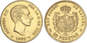 PESETA SYSTEM: ALFONSO XII
Reproducción 25 Pesetas. 1878 (*18-78). D.E.-M. 7,91 grs. AU (700). EBC-.