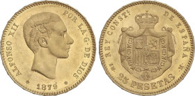 PESETA SYSTEM: ALFONSO XII
25 Pesetas. 1879 (*18-79). E.M.-M. (Leves rayitas). Restos de brillo original. SC-.