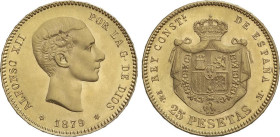 PESETA SYSTEM: ALFONSO XII
25 Pesetas. 1879 (*18-79). E.M.-M. Brillo original. EBC.
