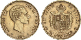 PESETA SYSTEM: ALFONSO XII
25 Pesetas. 1880 (*18-80). M.S.-M. (Rayitas y golpecitos). EBC-.