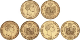 PESETA SYSTEM: ALFONSO XII
Lote 3 monedas 25 Pesetas. 1877, 1878, 80 (*18-77, 78, 80). D.E.-M. y M.S.-M. (Pequeños golpecitos). MBC+.