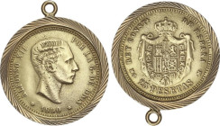 PESETA SYSTEM: ALFONSO XII
Reproducción 25 Pesetas. 1880. M.S.-M. 6,29 grs. AU (620). Engarzada. MBC.