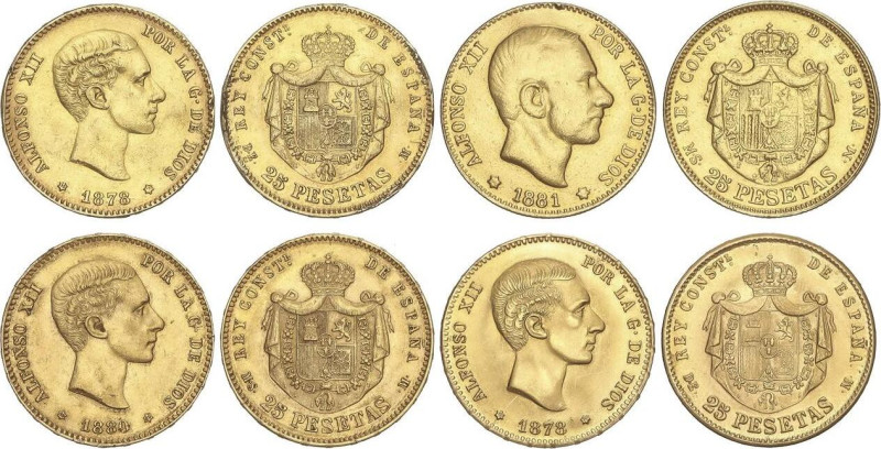 PESETA SYSTEM: ALFONSO XII
Lote 4 monedas 25 Pesetas. 1878 a 1881. Contiene dos...