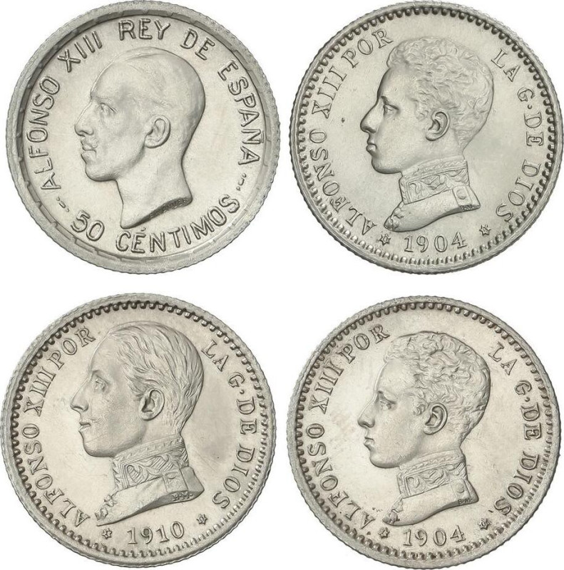 PESETA SYSTEM: ALFONSO XIII
Lote 4 monedas 50 Céntimos. 1904 a 1926. 1904 (*0-4...