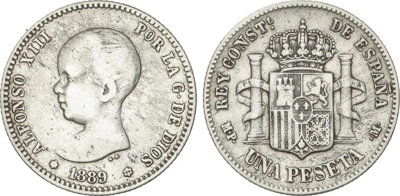 PESETA SYSTEM: ALFONSO XIII
1 Peseta. 1889 (*__-89). M.P.-M. ESCASA. MBC-.