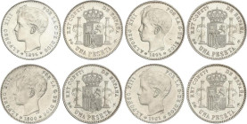 PESETA SYSTEM: ALFONSO XIII
Lote 4 monedas 1 Peseta. 1896 a 1901. 1896 P.G.-V.; 1899 S.G, -V.; 1900 y 1901 S.M.-V. EBC a EBC+.