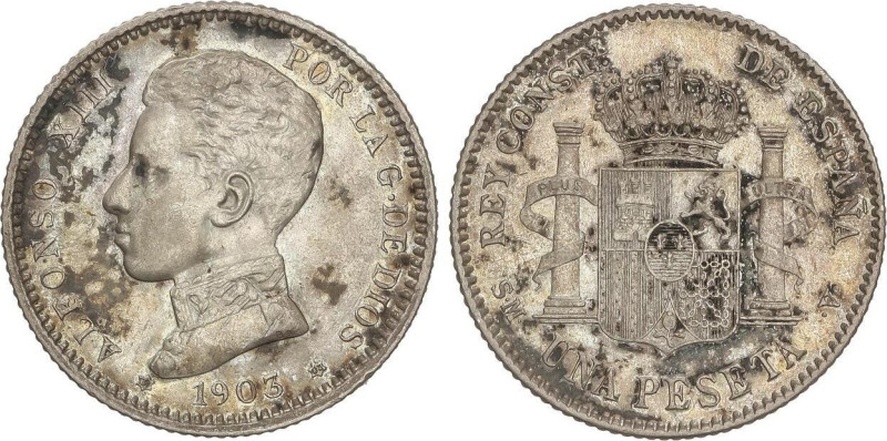 PESETA SYSTEM: ALFONSO XIII
1 Peseta. 1903 (*19-03). S.M.-V. Pátina irregular. ...