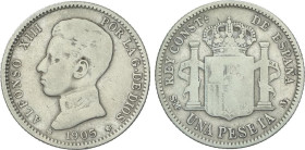 PESETA SYSTEM: ALFONSO XIII
1 Peseta. 1905 (*19-05). S.M.-V. Estrella flojas pero visibles. MBC-.