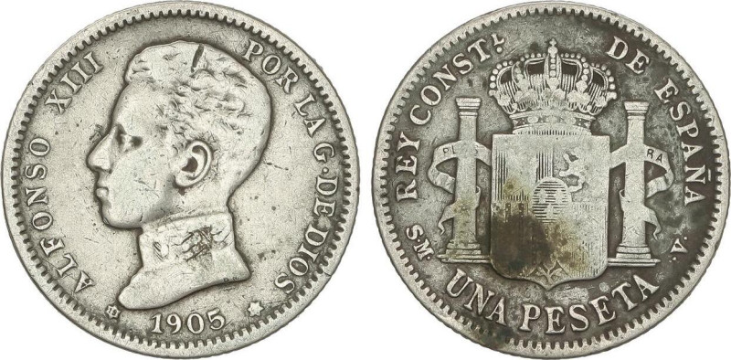PESETA SYSTEM: ALFONSO XIII
1 Peseta. 1905 (*19-0_). S.M.-V. (Golpecitos. Princ...