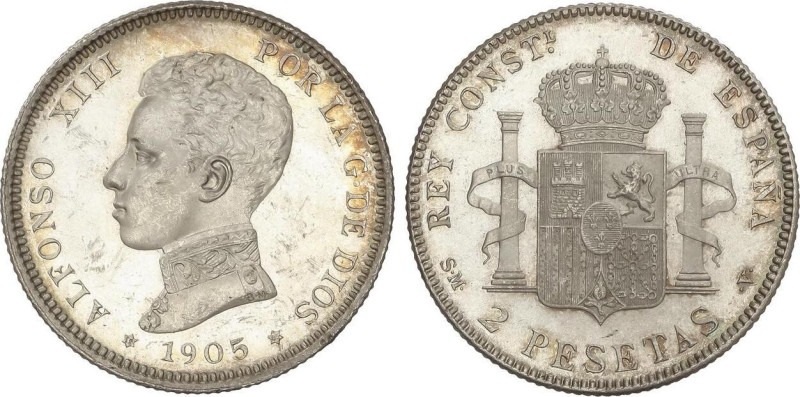 PESETA SYSTEM: ALFONSO XIII
2 pesetas. 1905 (*19-05). S.M.-V. (Leves golpecitos...
