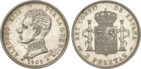 PESETA SYSTEM: ALFONSO XIII
2 Pesetas. 1905 (*19-05). S.M.-V. (Anverso levemente limpiado). Brillo original. EBC/SC-.