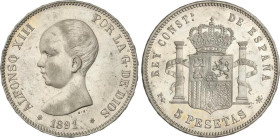 PESETA SYSTEM: ALFONSO XIII
5 Pesetas. 1891 (*18-91). P.G.-M. (Leves rayitas). EBC-/EBC.