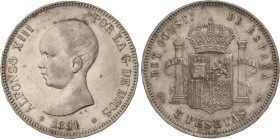 PESETA SYSTEM: ALFONSO XIII
5 Pesetas. 1891 (*18-91). P.G.-M. (rayitas). Restos de brillo original. EBC-.