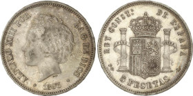 PESETA SYSTEM: ALFONSO XIII
5 Pesetas. 1893 (*18-93). P.G.-L. (Golpecitos). Pátina. MBC+.