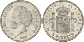 PESETA SYSTEM: ALFONSO XIII
5 Pesetas. 1894 (*18-94). P.G.-V. (Pequeños golpecitos). EBC.
