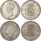 PESETA SYSTEM: ALFONSO XIII
Lote 2 monedas 5 Pesetas. 1891 y 1894 (*18-91) P.G.-M. y (*18-94) P.G.-V. (Limpiadas). 1894 con pátina. EBC-.