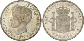 PESETA SYSTEM: ALFONSO XIII
5 Pesetas. 1897 (*18-97). S.G.-V. (Golpecitos). Pátina. EBC.