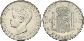 PESETA SYSTEM: ALFONSO XIII
5 Pesetas. 1898 (*18-98). S.G.-V. (Golpes en canto). EBC.