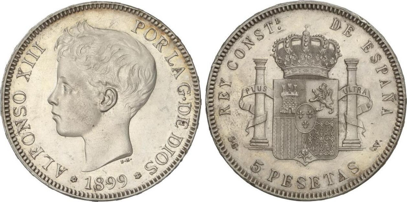 PESETA SYSTEM: ALFONSO XIII
5 Pesetas. 1899 (*18-99). S.G.-V. (Pequeños golpeci...