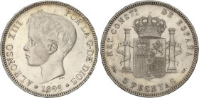 PESETA SYSTEM: ALFONSO XIII
5 Pesetas. 1899 (*18-99). S.G.-V. (Pequeños golpecitos). EBC+.