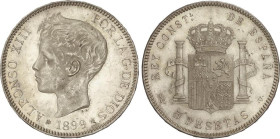PESETA SYSTEM: ALFONSO XIII
5 Pesetas. 1899 (*18-99). S.G.-V. (Pequeños golpecitos). Leve pátina. EBC+.