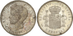 PESETA SYSTEM: ALFONSO XIII
5 Pesetas. 1899 (*18-99). S.G.-V. Pátina en anverso. EBC-/EBC+.