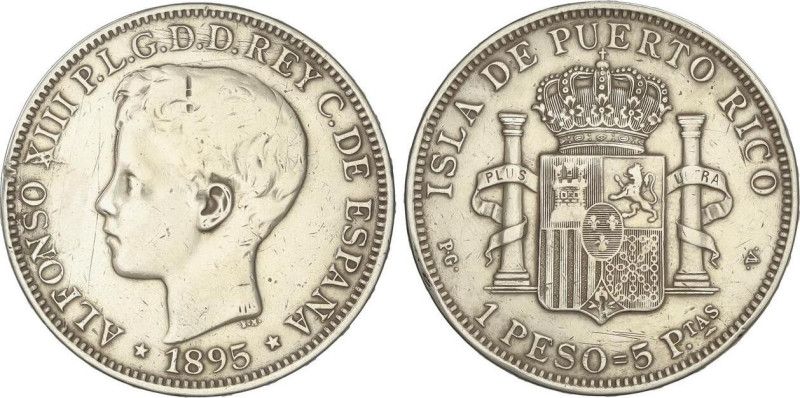 PESETA SYSTEM: ALFONSO XIII
1 Peso. 1895. PUERTO RICO. P.G.-V. (Limpiada, golpe...