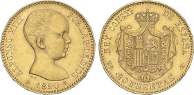 PESETA SYSTEM: ALFONSO XIII
20 Pesetas. 1890 (*18-90). M.P.-M. (Pequeños golpecitos). EBC-/EBC.
