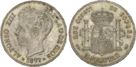 PESETA SYSTEM: COUNTERFEIT COINS
5 Pesetas. 1897 (*18-97). M.S.-M. 24,52 grs. AR. Ensayadores no coincidentes. Reverso tipo moneda. Vti-131Fc. EBC-EB...