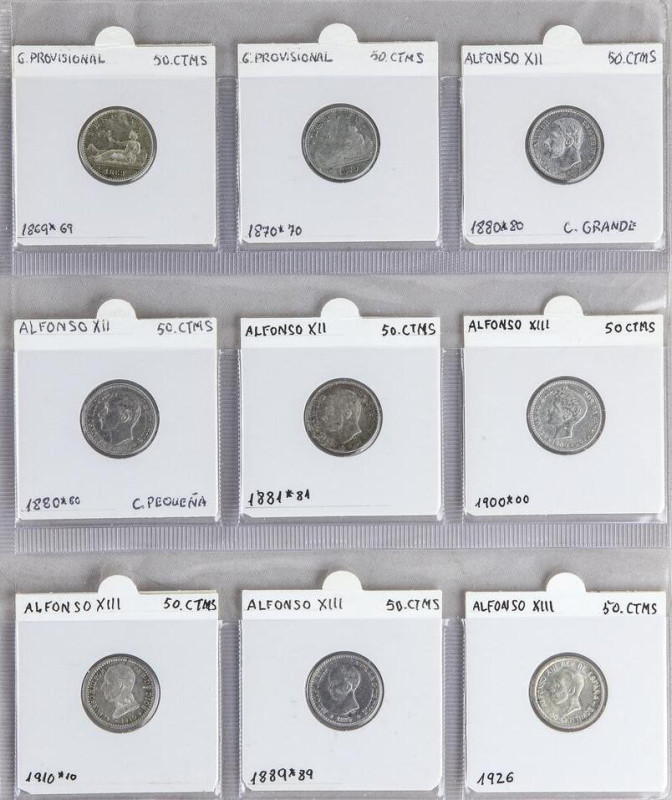 PESETA SYSTEM: LOTS
Lote 9 monedas 50 Céntimos. 1869 a 1926. GOBIERNO PROVISION...